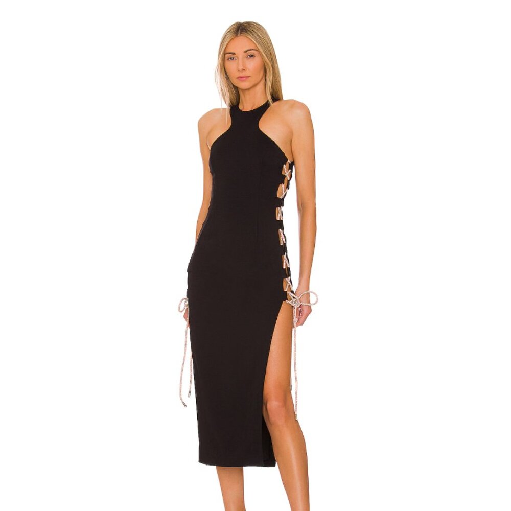 NBD Black Midi Dress with Side Lace-Up Detail